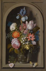 A Still Life of Flowers in a Glass Beaker Set in a Marble Niche